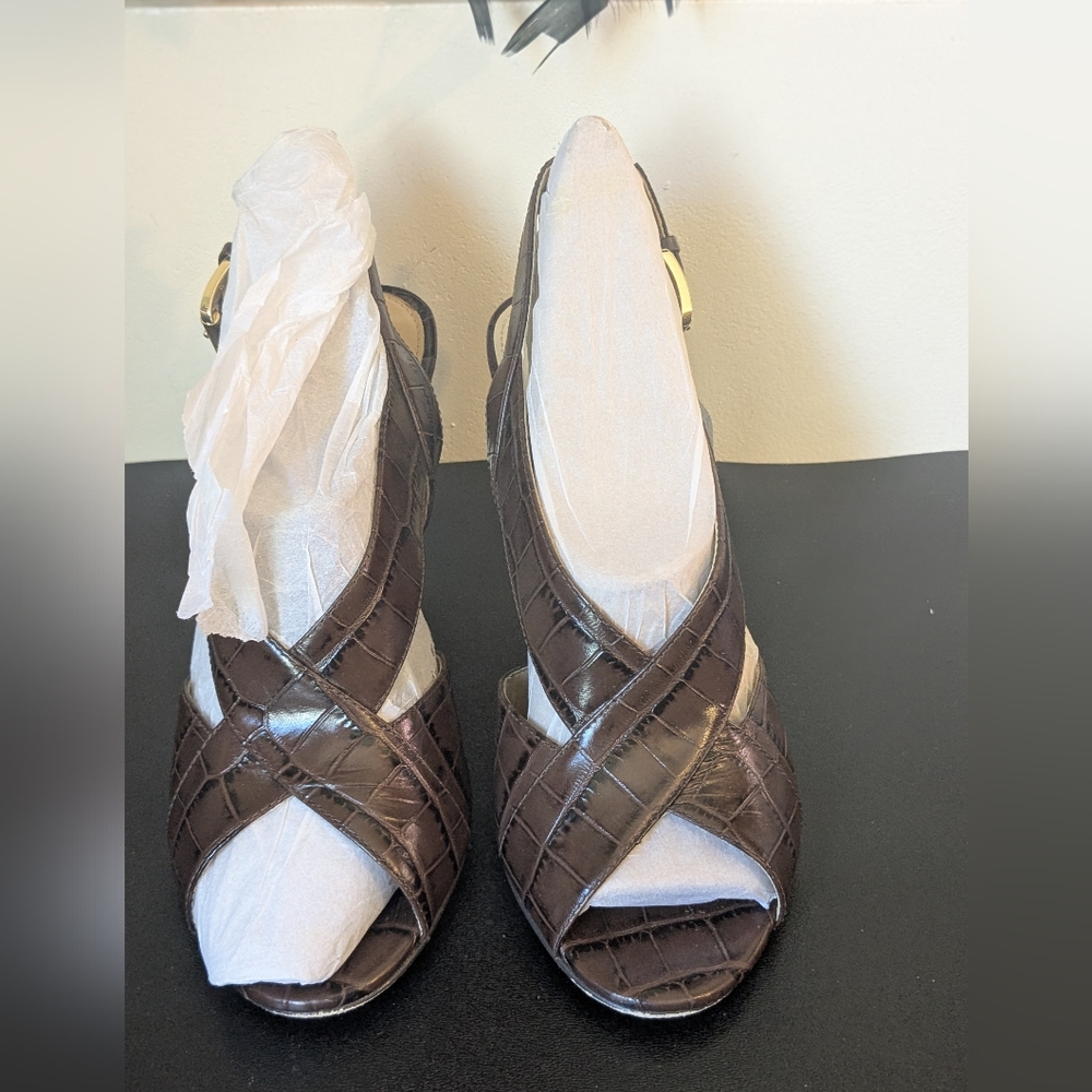 Michael Kors Womens Nutmeg Brown Becky Embossed Leather Sandal Heels - Picture 2 of 16